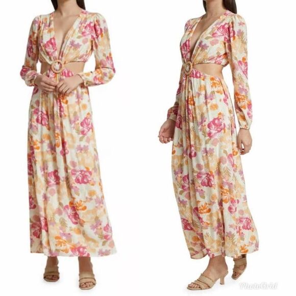 REVOLVE WAYF Linda Cut-Out Dress Long Sleeve Floral V-Neck Maxi Dress Size XS - Picture 1 of 7